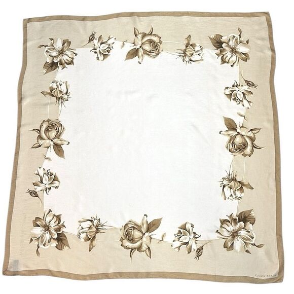 Ellen Tracy Silk Square Scarf Beige Taupe Roses Floral Print - Picture 2 of 11